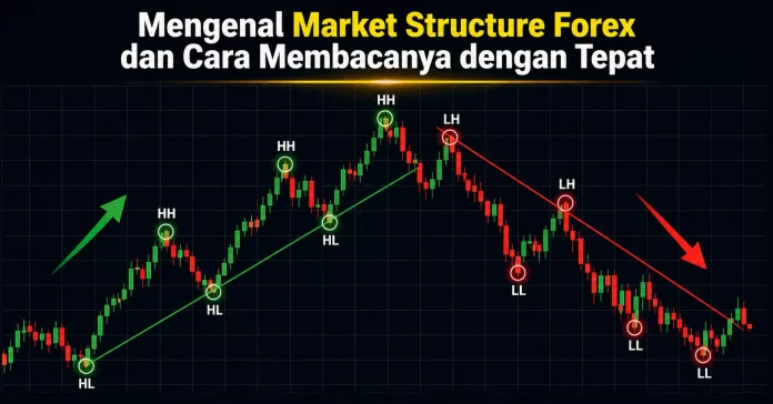 Ilustrasi market structure forex dengan pola higher high, higher low, lower high, dan lower low pada candlestick chart uptrend dan downtrend.