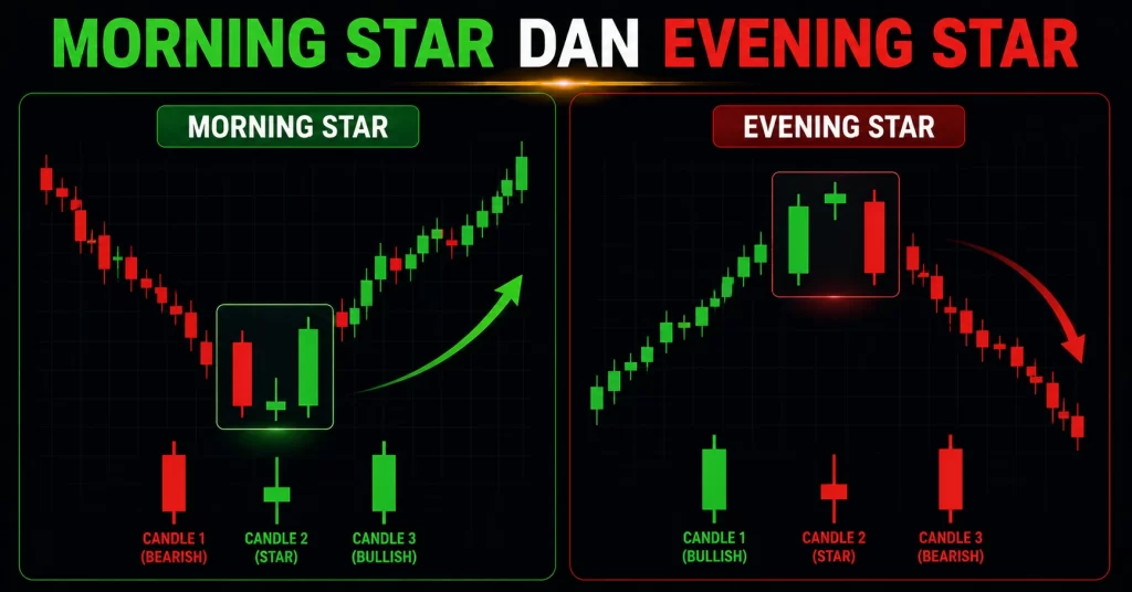 Ilustrasi pola morning star dan evening star sebagai sinyal reversal entry buy dan sell trading forex.