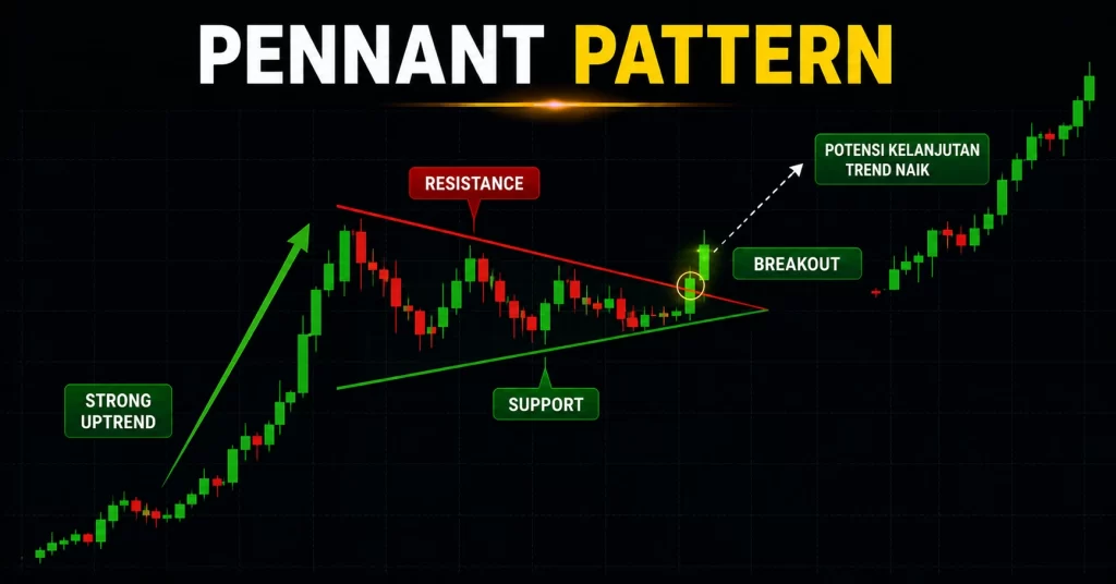 Ilustrasi pennant pattern bullish dengan label strong uptrend, resistance, support, breakout, dan potensi kelanjutan trend naik pada chart candlestick.