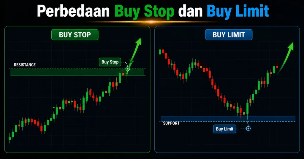 Ilustrasi cara kerja buy stop dan buy limit pada chart forex.