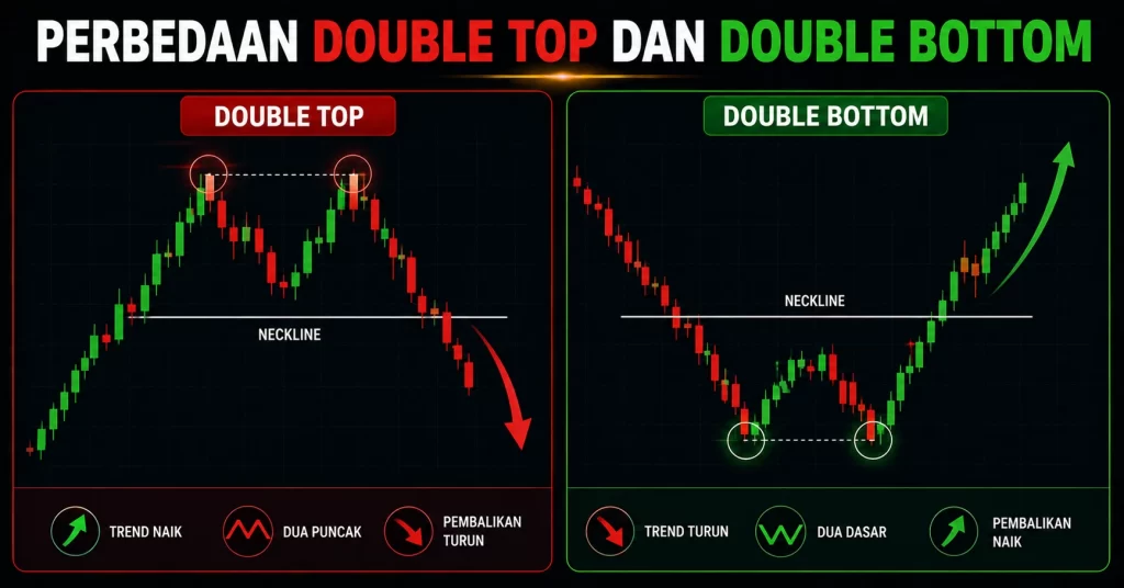 Ilustrasi perbedaan double top dan double bottom pattern dengan neckline pada chart forex.