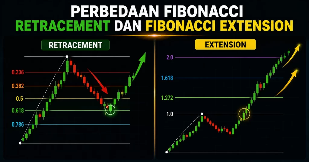 Ilustrasi perbedaan fibonacci retracement dan fibonacci extension dalam trading forex.