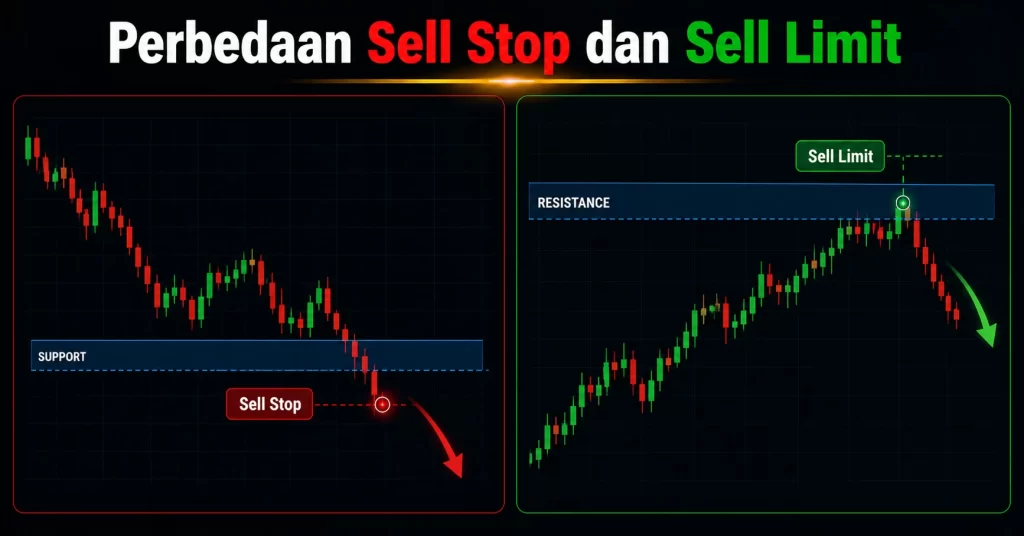 Ilustrasi cara kerja sell stop dan sell limit sebagai pending order dalam trading forex.