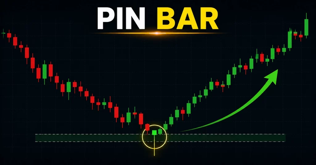 Ilustrasi pola pin bar bullish di area support sebagai sinyal entry buy trading forex.