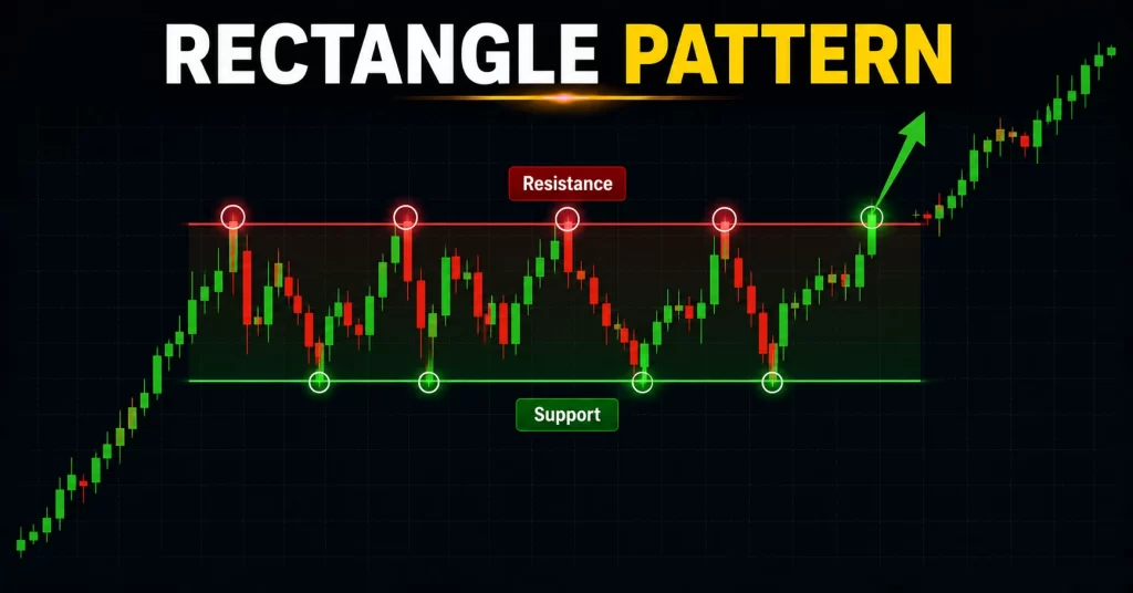 Ilustrasi rectangle pattern bullish dengan area support dan resistance horizontal yang sejajar diikuti breakout ke atas pada chart candlestick.