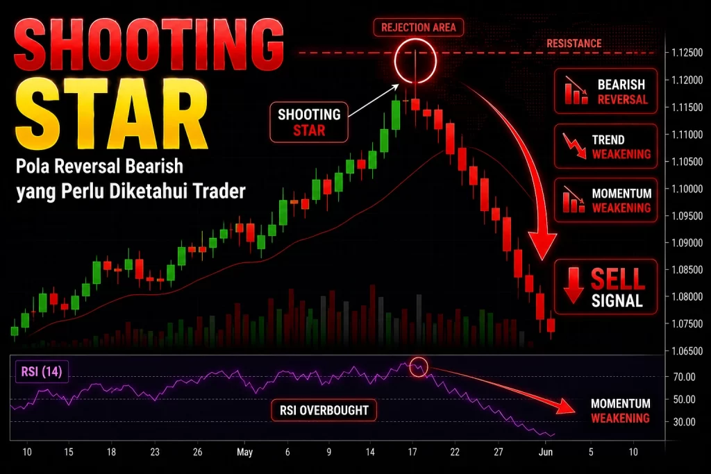 Contoh pola shooting star di area resistance dengan konfirmasi RSI overbought sebagai sinyal reversal bearish dalam trading forex.