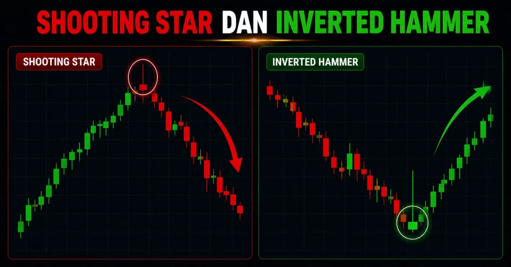 Ilustrasi pola shooting star dan inverted hammer dalam trading forex, shooting star sebagai sinyal entry sell di area resistance dan inverted hammer sebagai sinyal entry buy di area support.