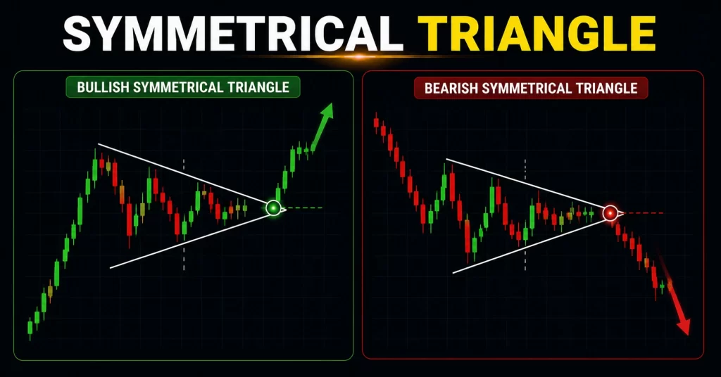 Ilustrasi bullish dan bearish symmetrical triangle pattern pada grafik candlestick.