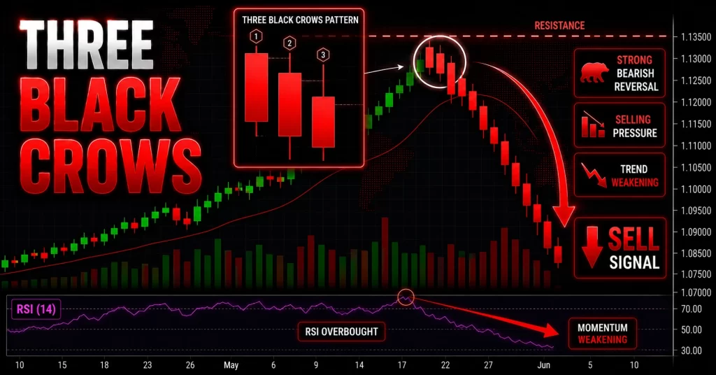 Contoh pola three black crows tiga candle bearish berurutan di area resistance sebagai sinyal tekanan jual kuat dalam trading forex.
