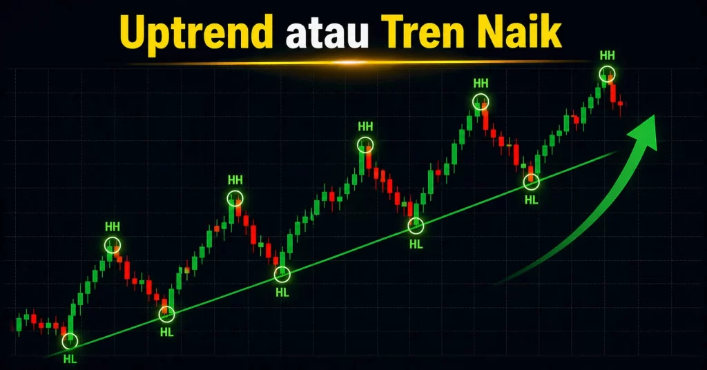 Grafik candlestick uptrend forex dengan pola higher high dan higher low sebagai indikasi tren naik dalam market structure.