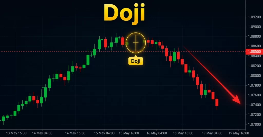 Pola doji pada chart EUR/USD di puncak tren naik sebagai sinyal potensi reversal bearish.